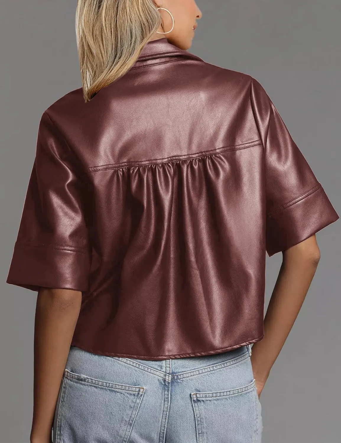 Vivitulip Womens Short Sleeve Faux Leather T-Shirt Loose Fit V Neck PU Leather Summer Crop Going Out Tops