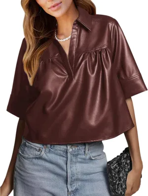 Vivitulip Womens Short Sleeve Faux Leather T-Shirt Loose Fit V Neck PU Leather Summer Crop Going Out Tops