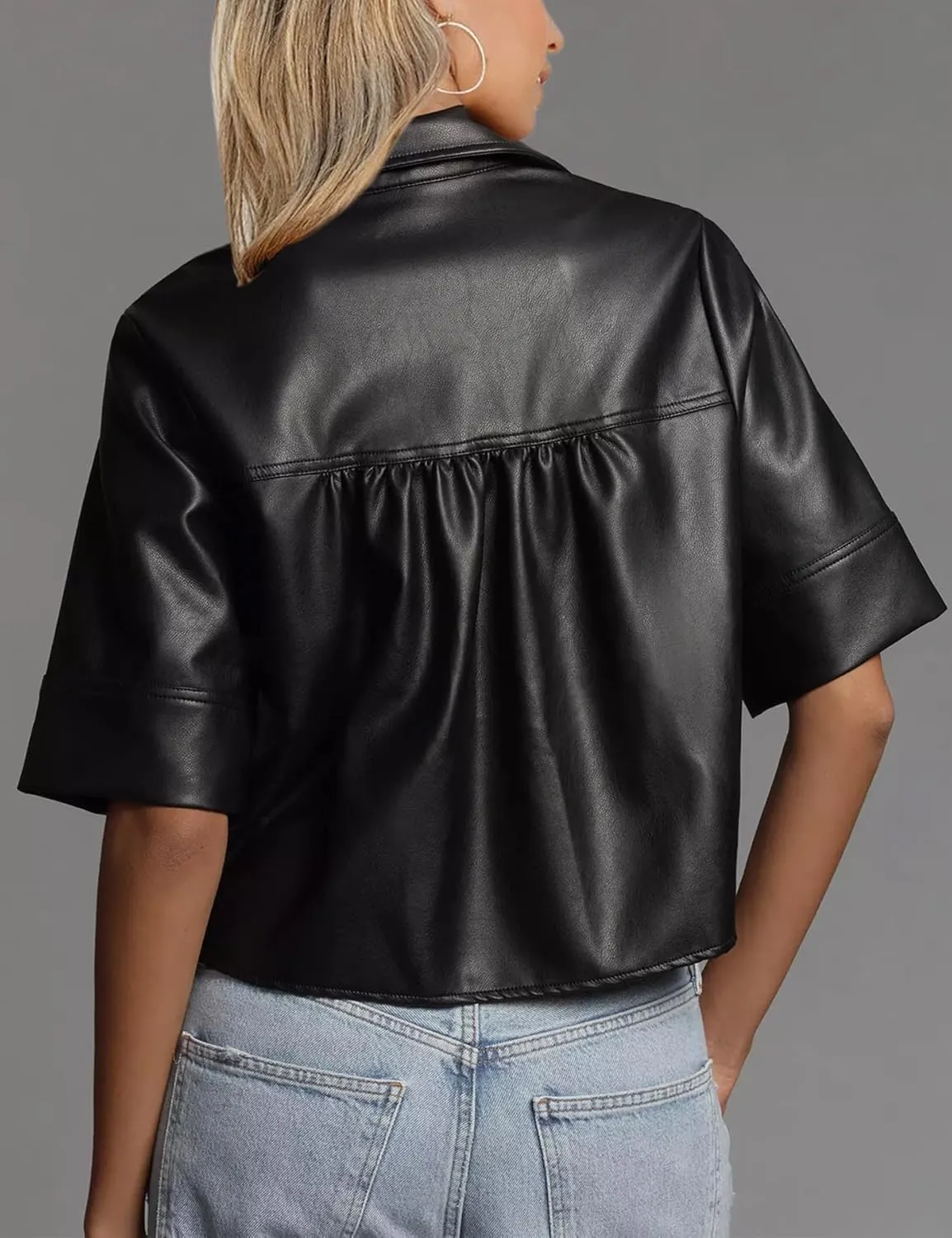 Vivitulip Womens Short Sleeve Faux Leather T-Shirt Loose Fit V Neck PU Leather Summer Crop Going Out Tops