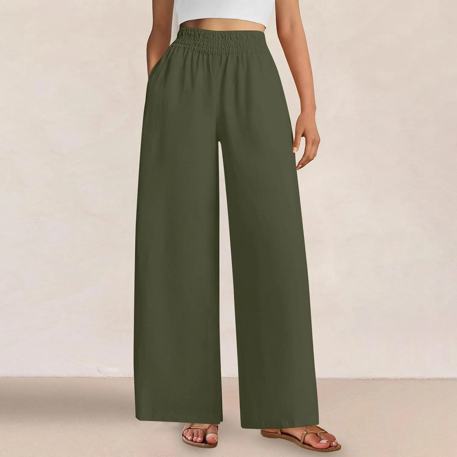 Wide Leg Pants Woman Comfy Casual Stretchy Solid Color Trousers Linen Pocketed Palazzo Pant 2025 Work Office Outfits