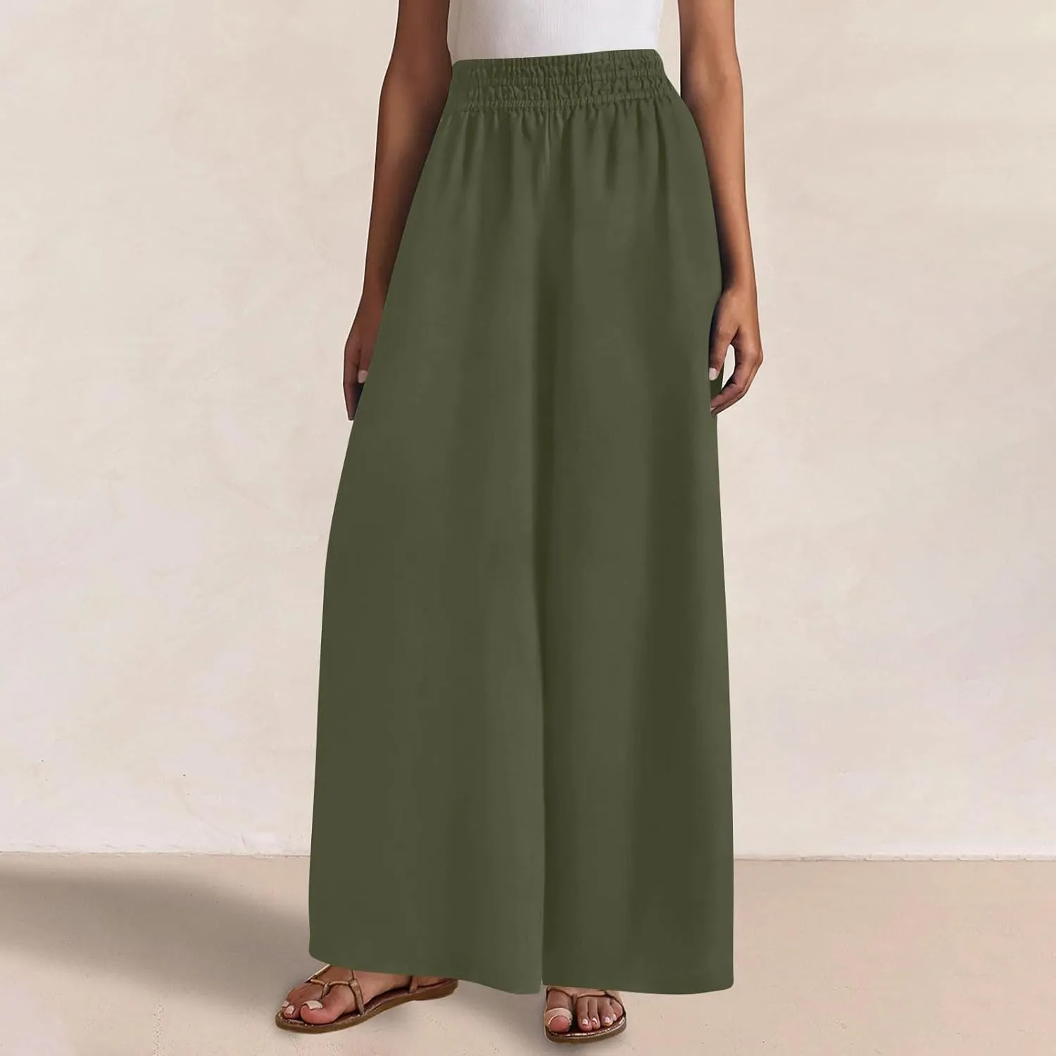 Wide Leg Pants Woman Comfy Casual Stretchy Solid Color Trousers Linen Pocketed Palazzo Pant 2025 Work Office Outfits