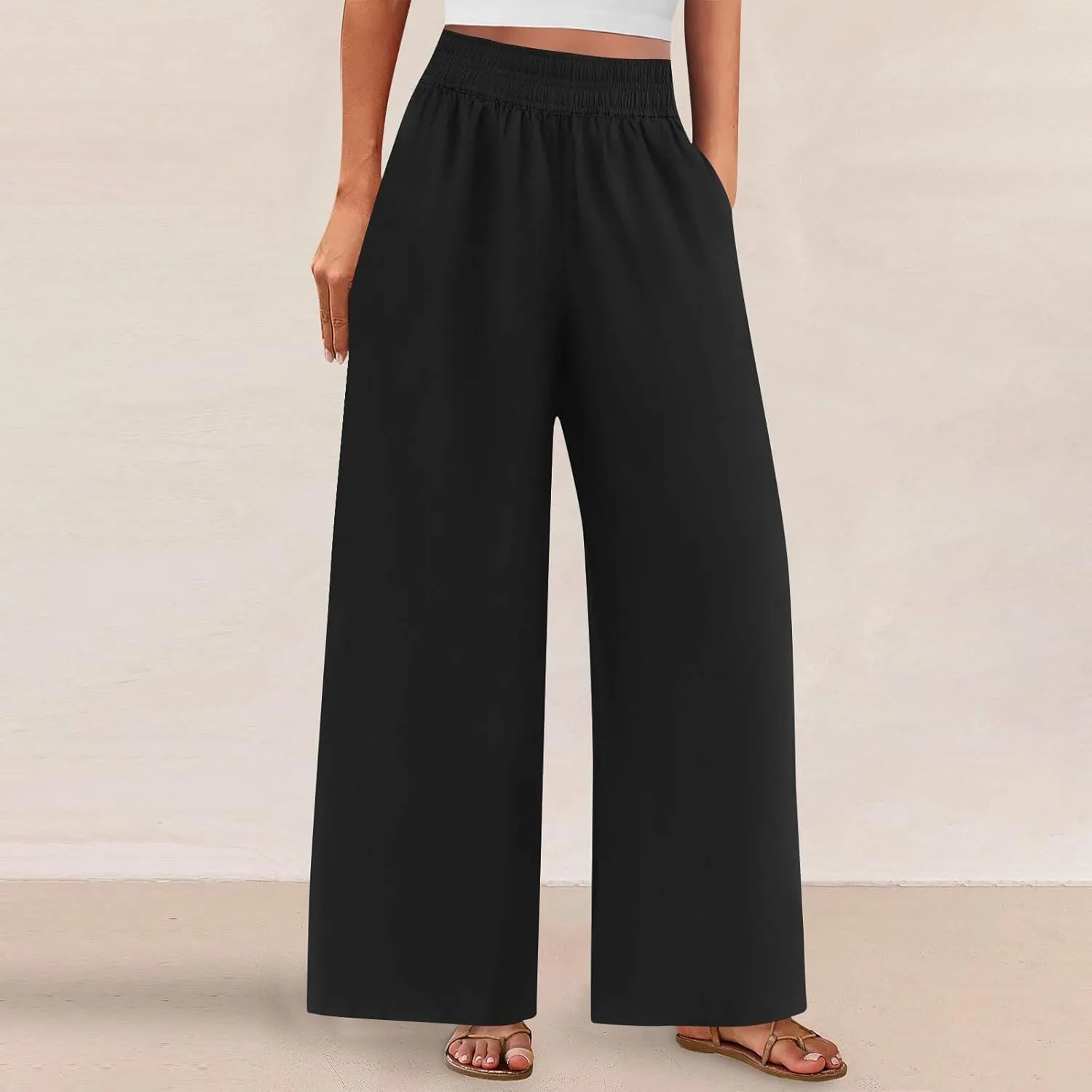 Wide Leg Pants Woman Comfy Casual Stretchy Solid Color Trousers Linen Pocketed Palazzo Pant 2025 Work Office Outfits