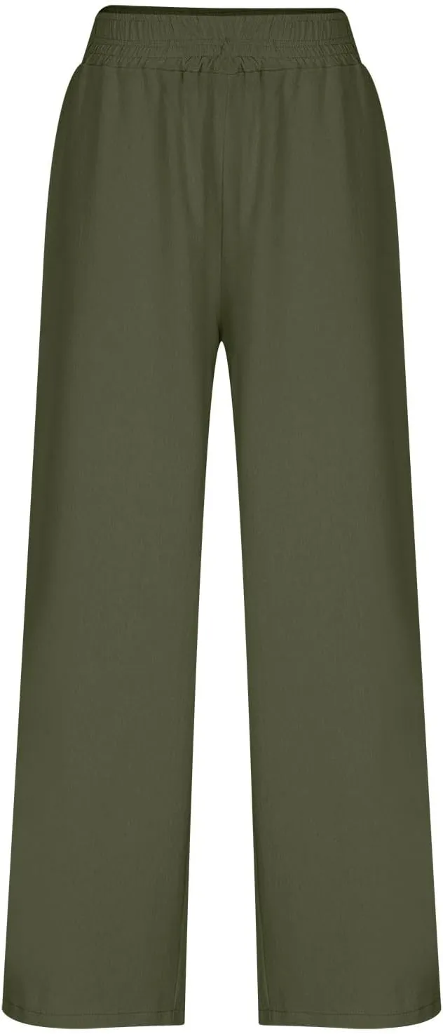 Wide Leg Pants Woman Comfy Casual Stretchy Solid Color Trousers Linen Pocketed Palazzo Pant 2025 Work Office Outfits