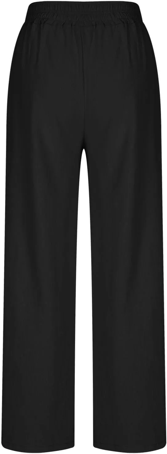 Wide Leg Pants Woman Comfy Casual Stretchy Solid Color Trousers Linen Pocketed Palazzo Pant 2025 Work Office Outfits