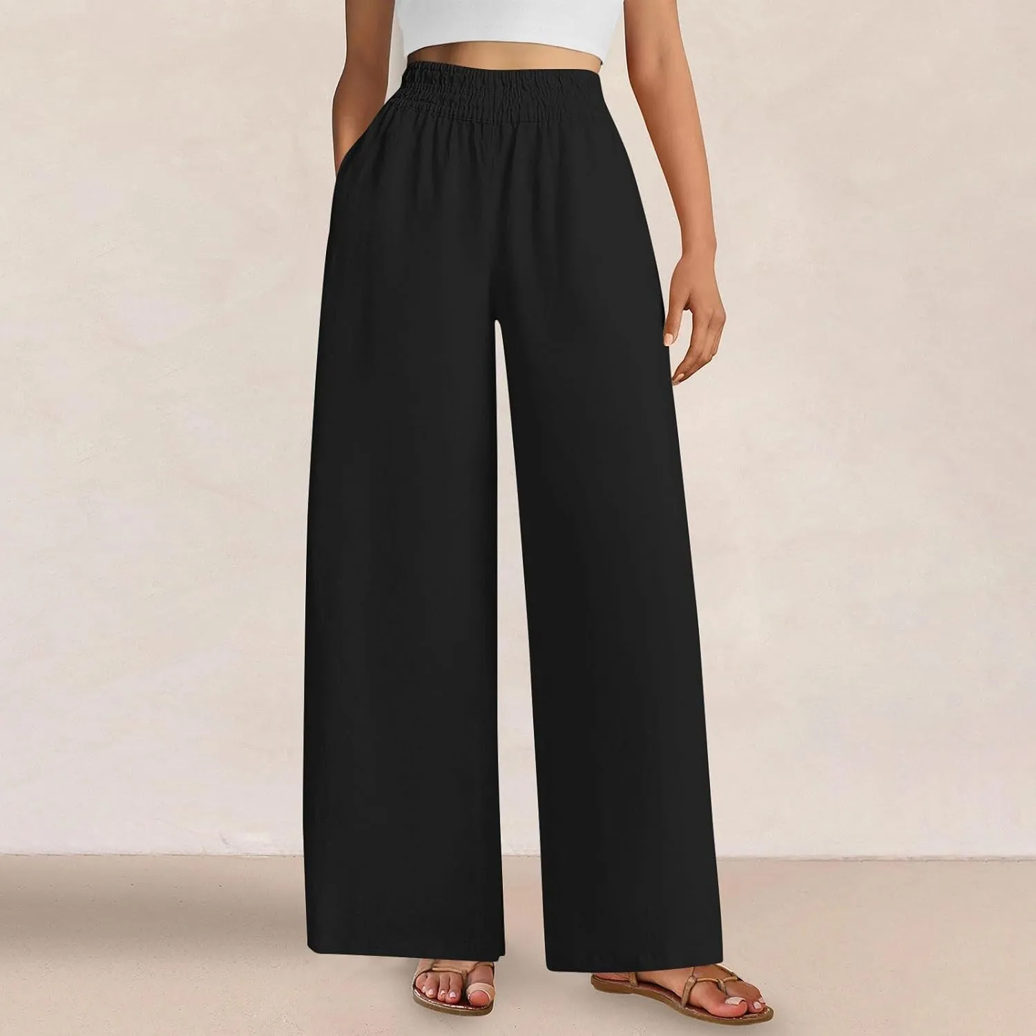 Wide Leg Pants Woman Comfy Casual Stretchy Solid Color Trousers Linen Pocketed Palazzo Pant 2025 Work Office Outfits