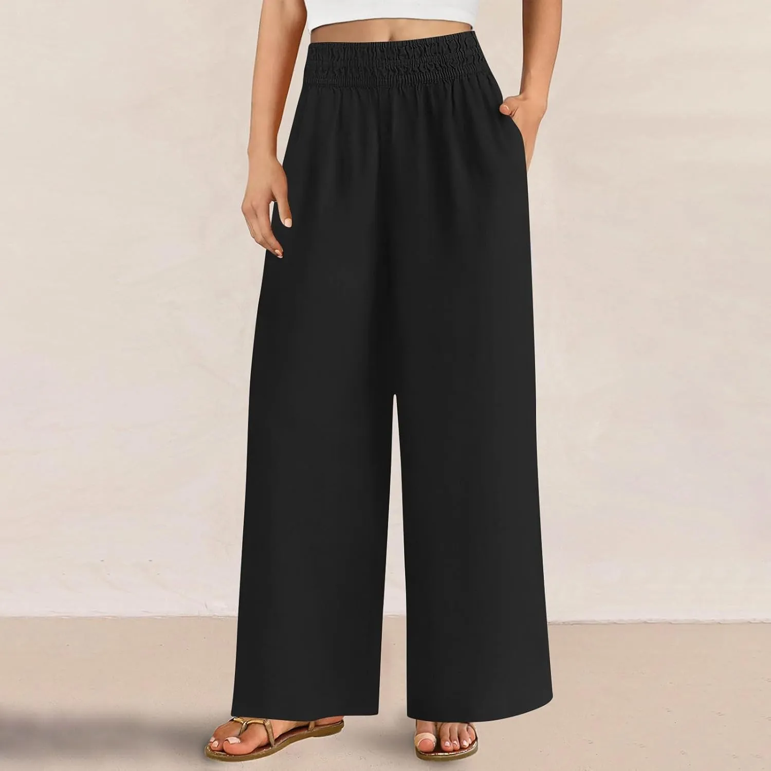 Wide Leg Pants Woman Comfy Casual Stretchy Solid Color Trousers Linen Pocketed Palazzo Pant 2025 Work Office Outfits