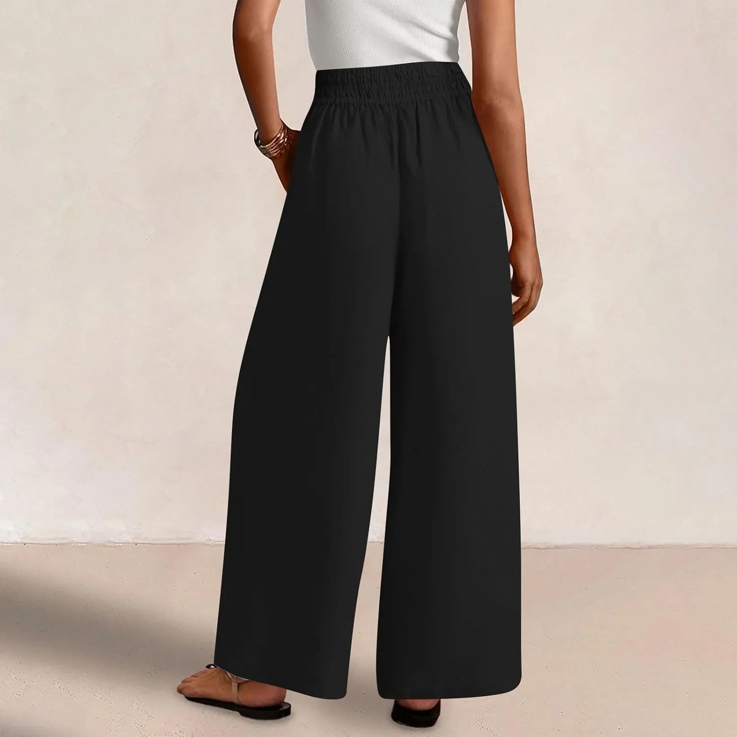 Wide Leg Pants Woman Comfy Casual Stretchy Solid Color Trousers Linen Pocketed Palazzo Pant 2025 Work Office Outfits