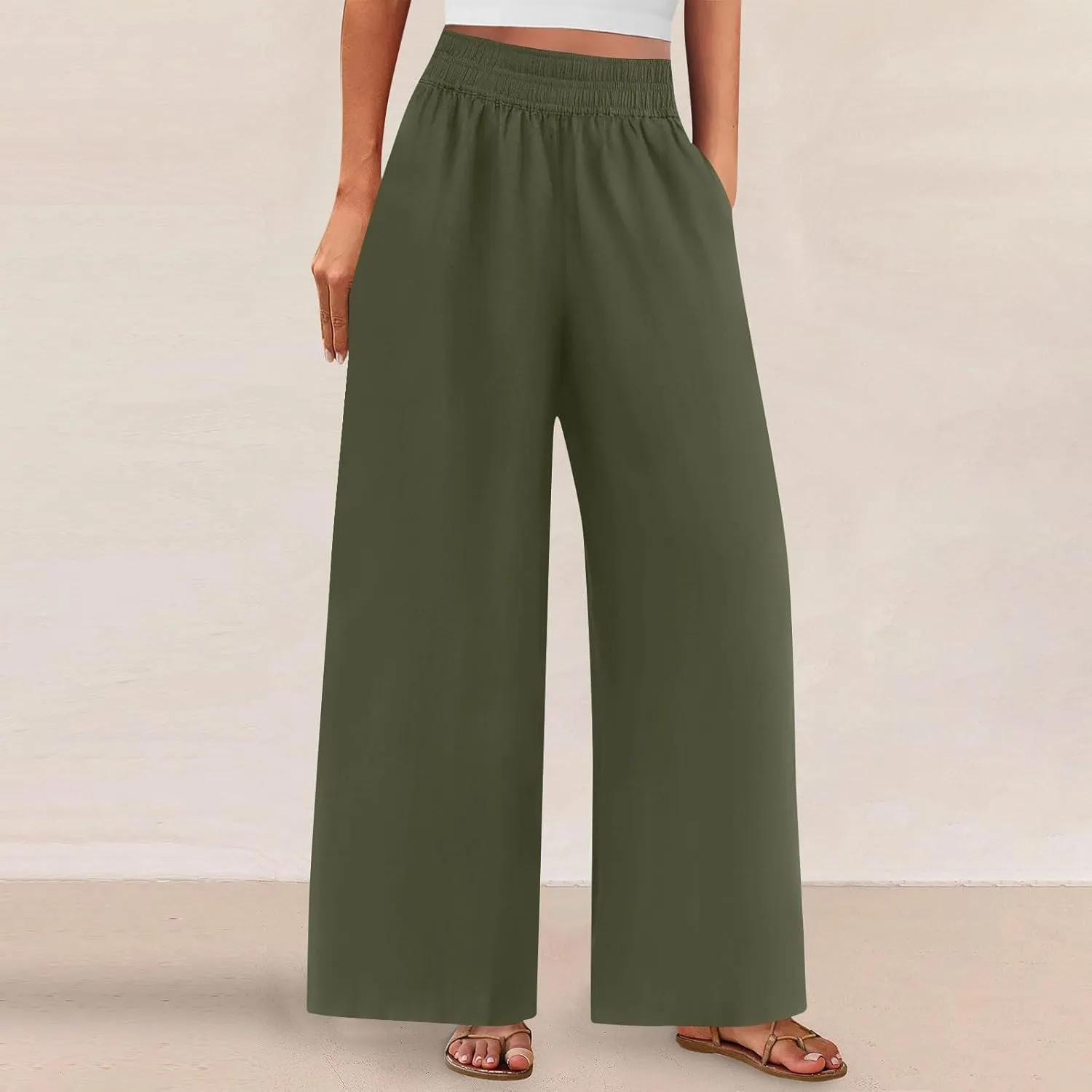 Wide Leg Pants Woman Comfy Casual Stretchy Solid Color Trousers Linen Pocketed Palazzo Pant 2025 Work Office Outfits