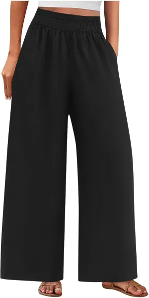 Wide Leg Pants Woman Comfy Casual Stretchy Solid Color Trousers Linen Pocketed Palazzo Pant 2025 Work Office Outfits
