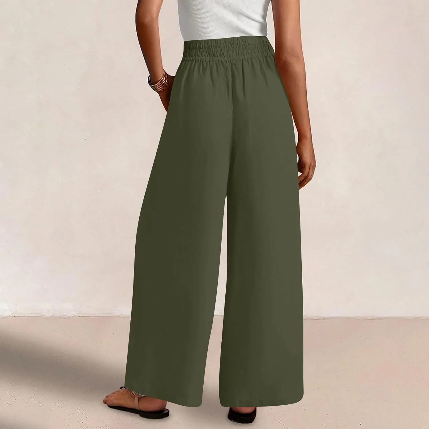 Wide Leg Pants Woman Comfy Casual Stretchy Solid Color Trousers Linen Pocketed Palazzo Pant 2025 Work Office Outfits