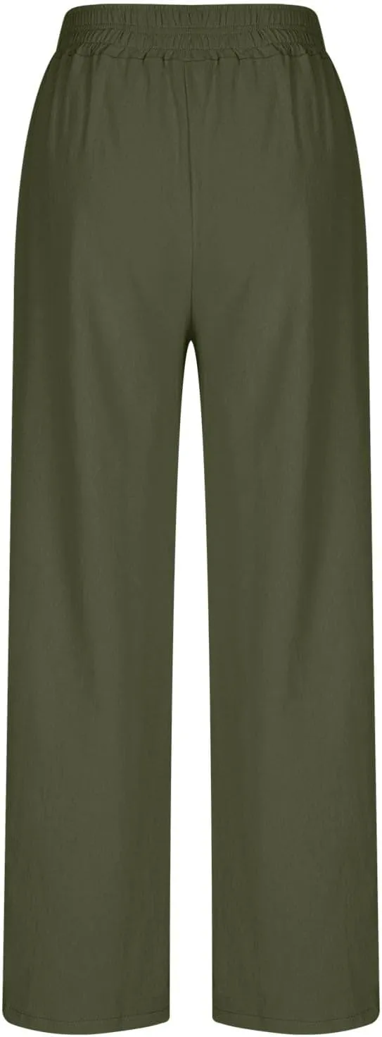 Wide Leg Pants Woman Comfy Casual Stretchy Solid Color Trousers Linen Pocketed Palazzo Pant 2025 Work Office Outfits