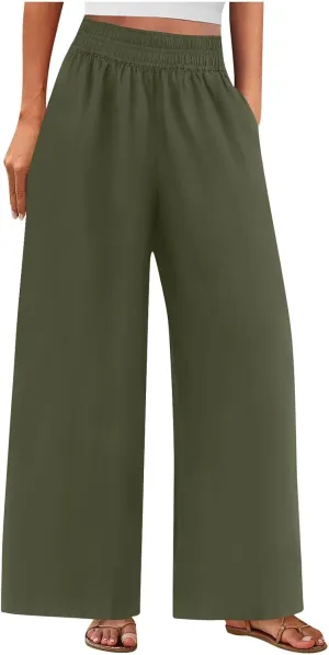Wide Leg Pants Woman Comfy Casual Stretchy Solid Color Trousers Linen Pocketed Palazzo Pant 2025 Work Office Outfits