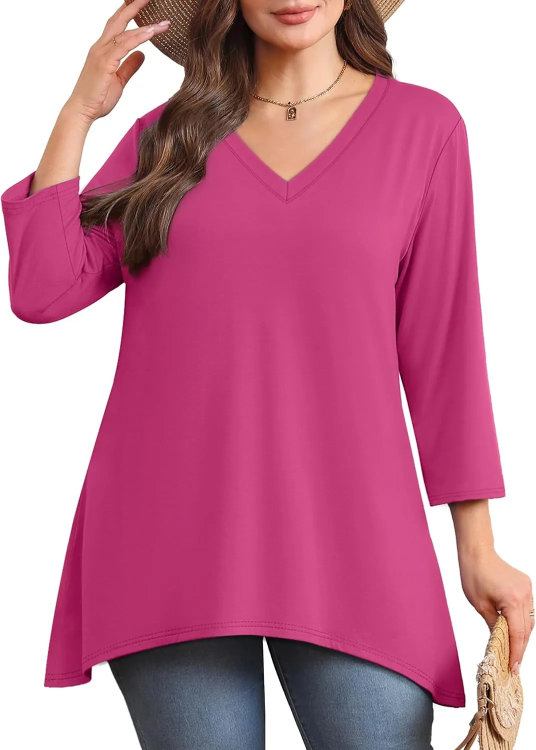 WIHOLL 3/4 Sleeve Tunic Tops for Women Loose Fit Dressy Casual Blouses V Neck T Shirts with Asymmetrical Hem S-3XL
