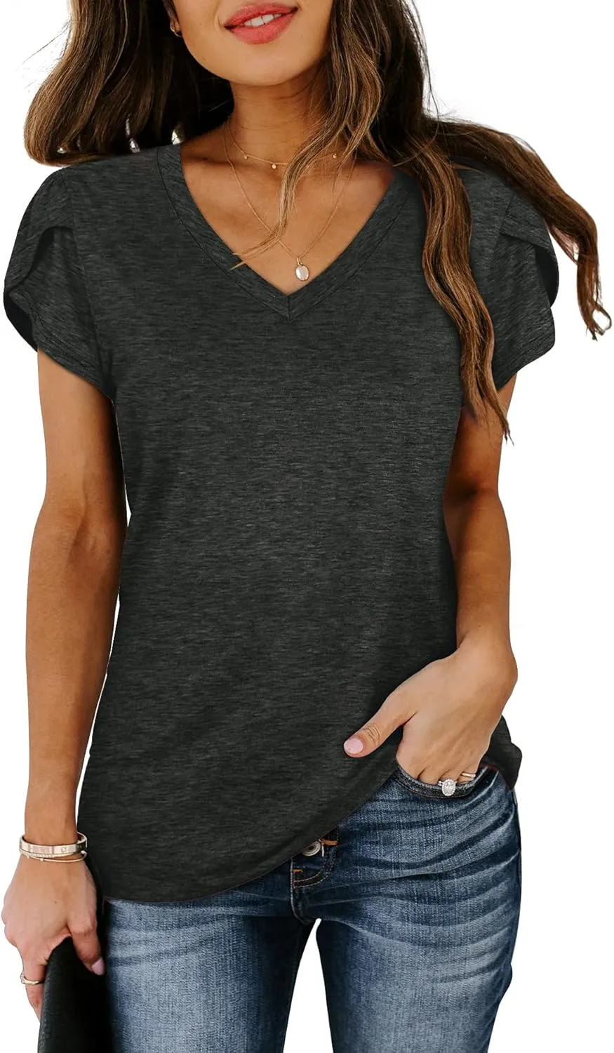 WIHOLL Womens Tops V Neck Summer Petal Sleeve Casual Tshirts
