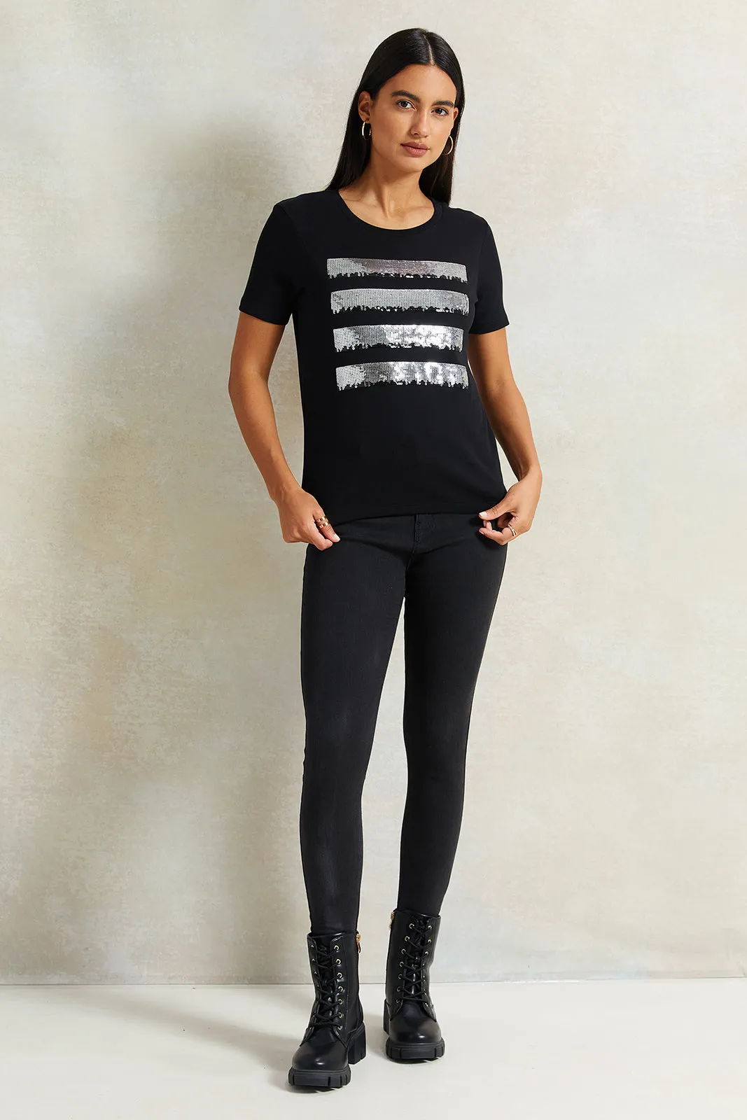 Women Black Sequence T-Shirt
