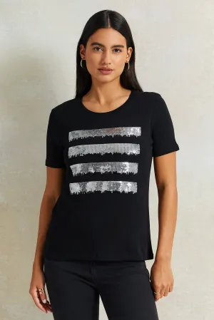 Women Black Sequence T-Shirt