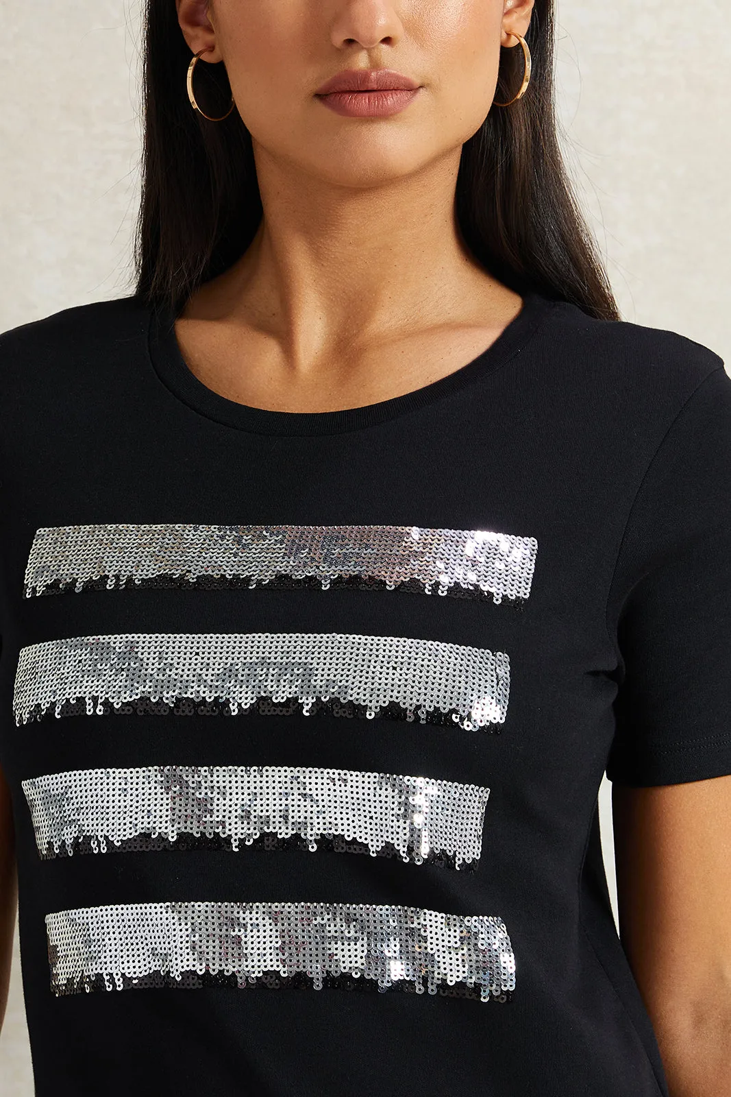 Women Black Sequence T-Shirt