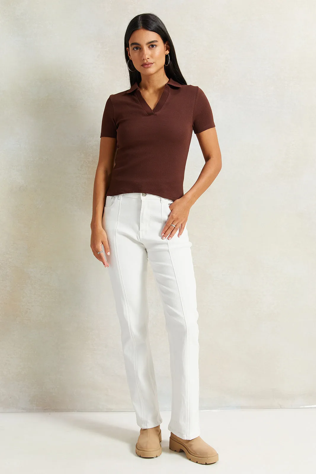 Women Brown Collared Rib T-Shirt