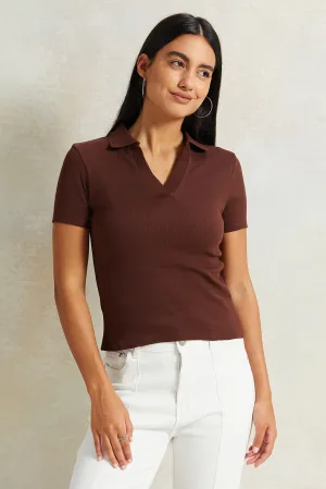 Women Brown Collared Rib T-Shirt