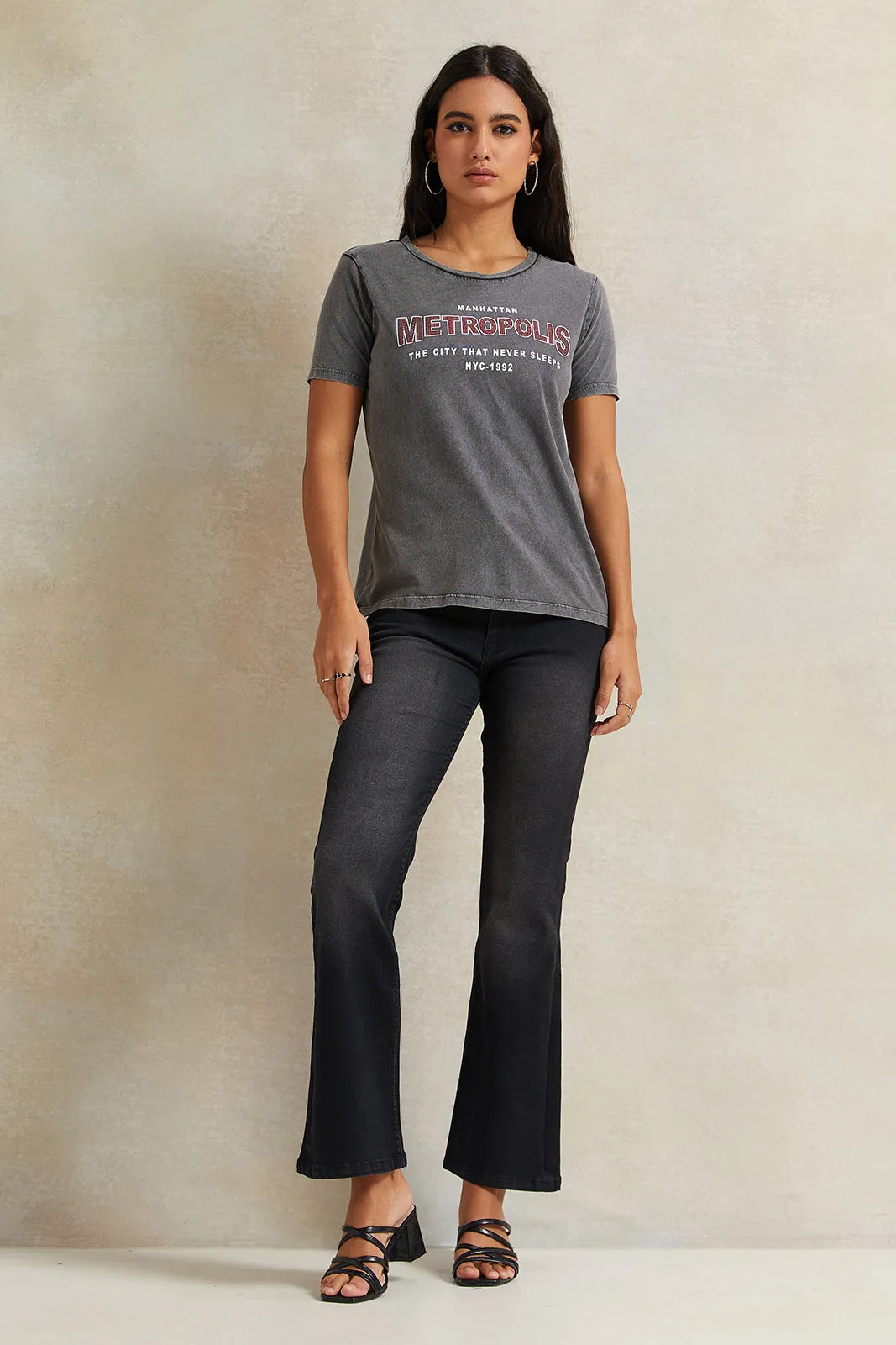 Women Charcoal Rhinestone Embellished T-Shirt