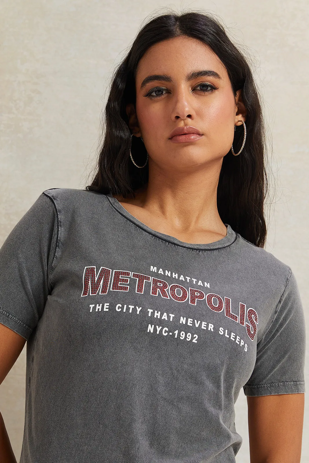 Women Charcoal Rhinestone Embellished T-Shirt