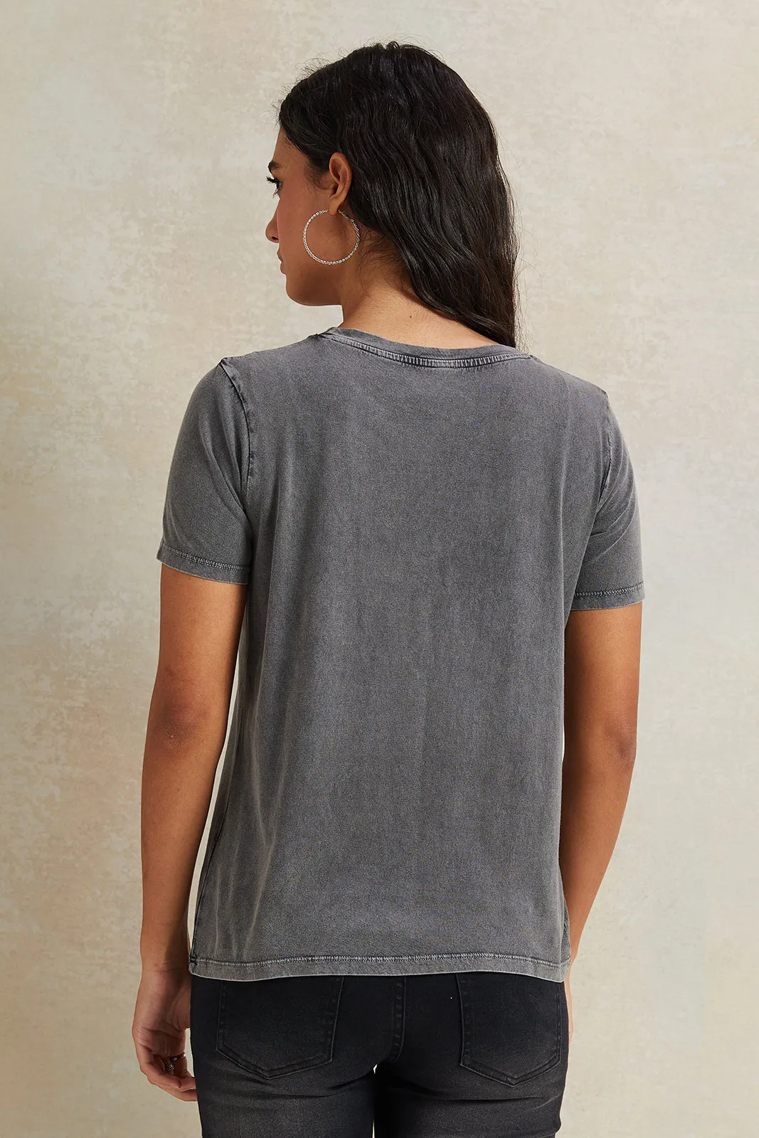 Women Charcoal Rhinestone Embellished T-Shirt