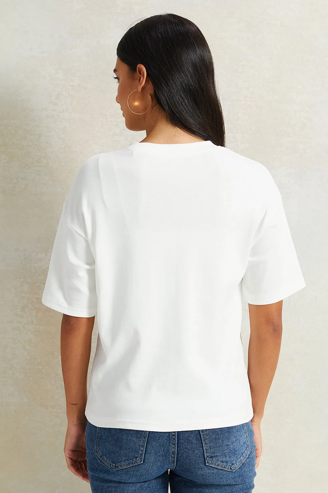 Women Ivory Embellished Boxy T-Shirt