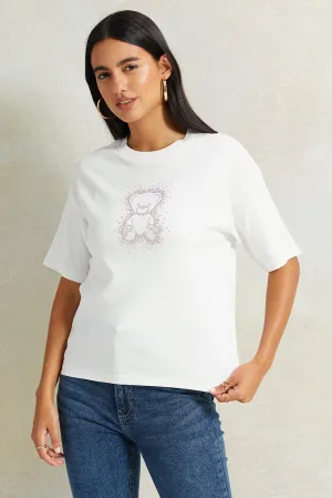 Women Ivory Embellished Boxy T-Shirt