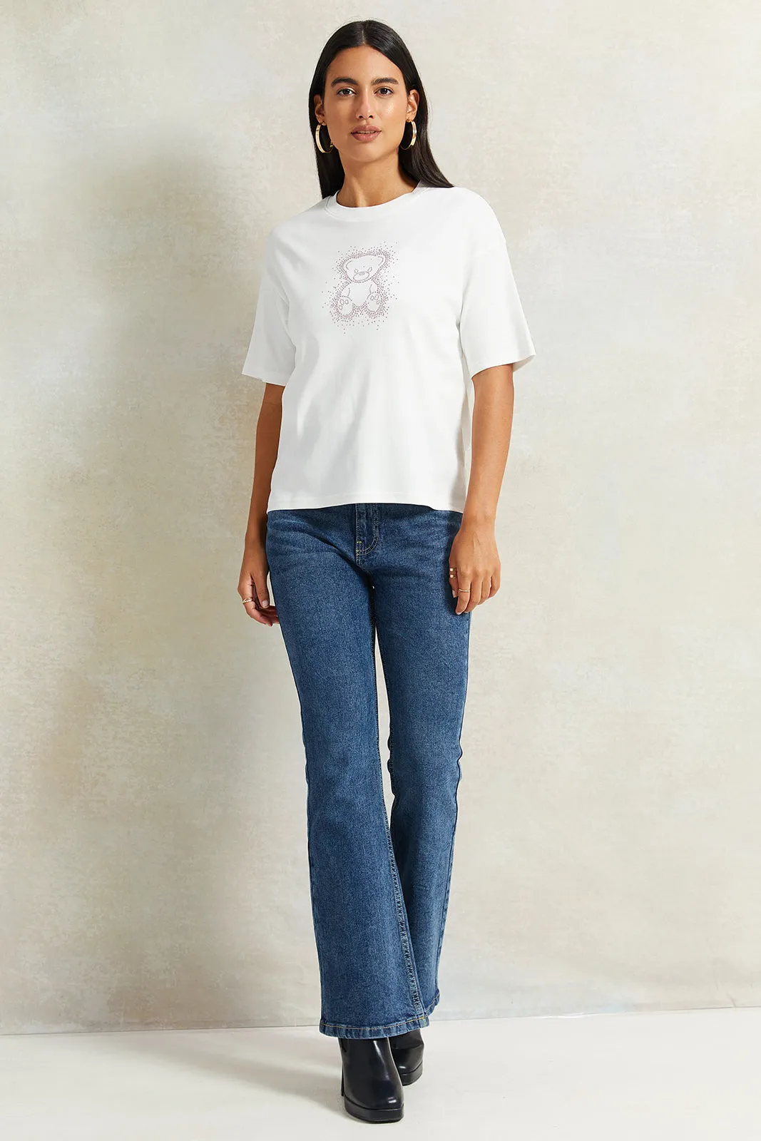 Women Ivory Embellished Boxy T-Shirt