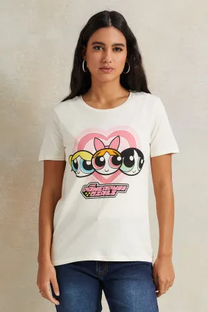 Women Ivory Powerpuff Girls Printed T-Shirt