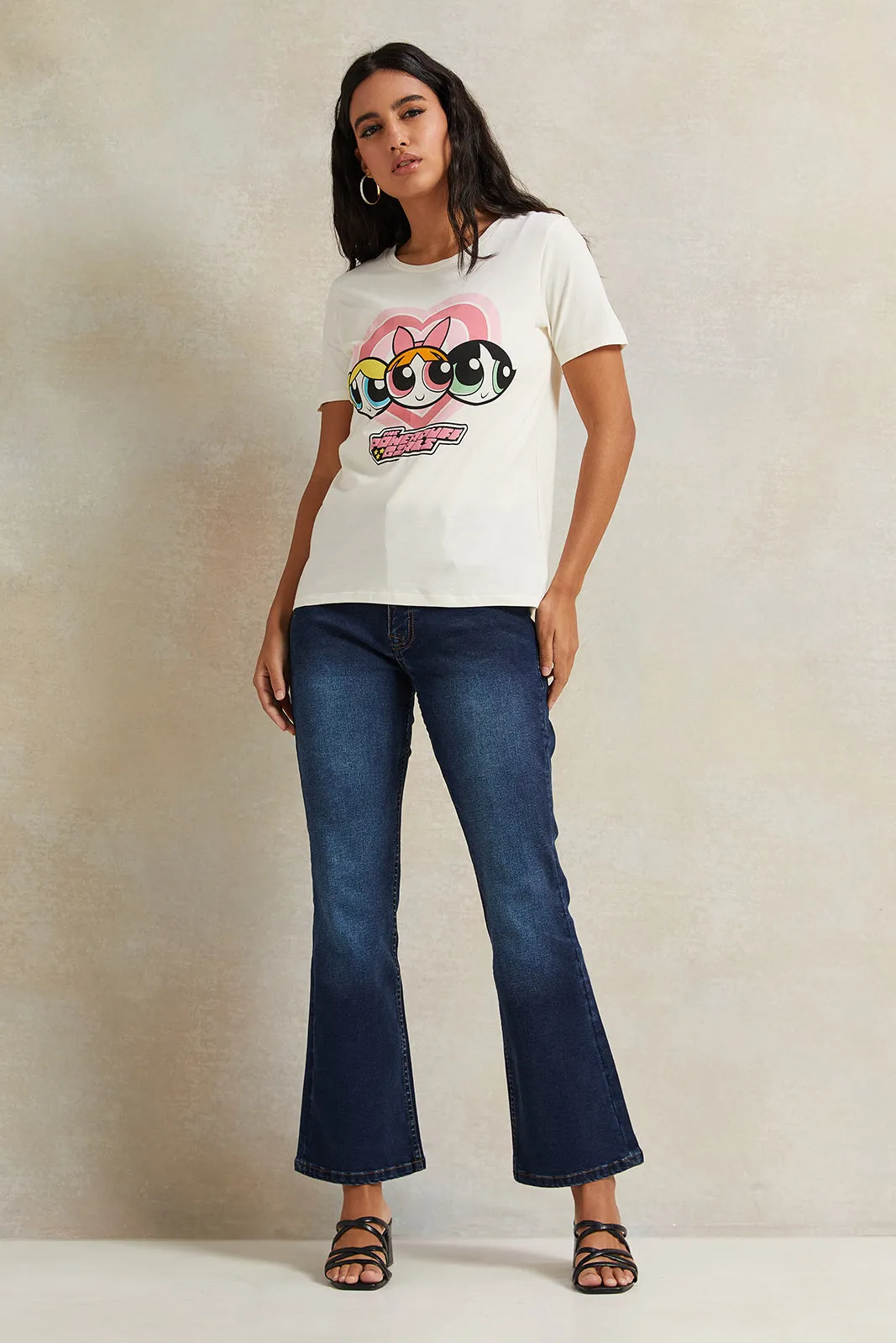 Women Ivory Powerpuff Girls Printed T-Shirt