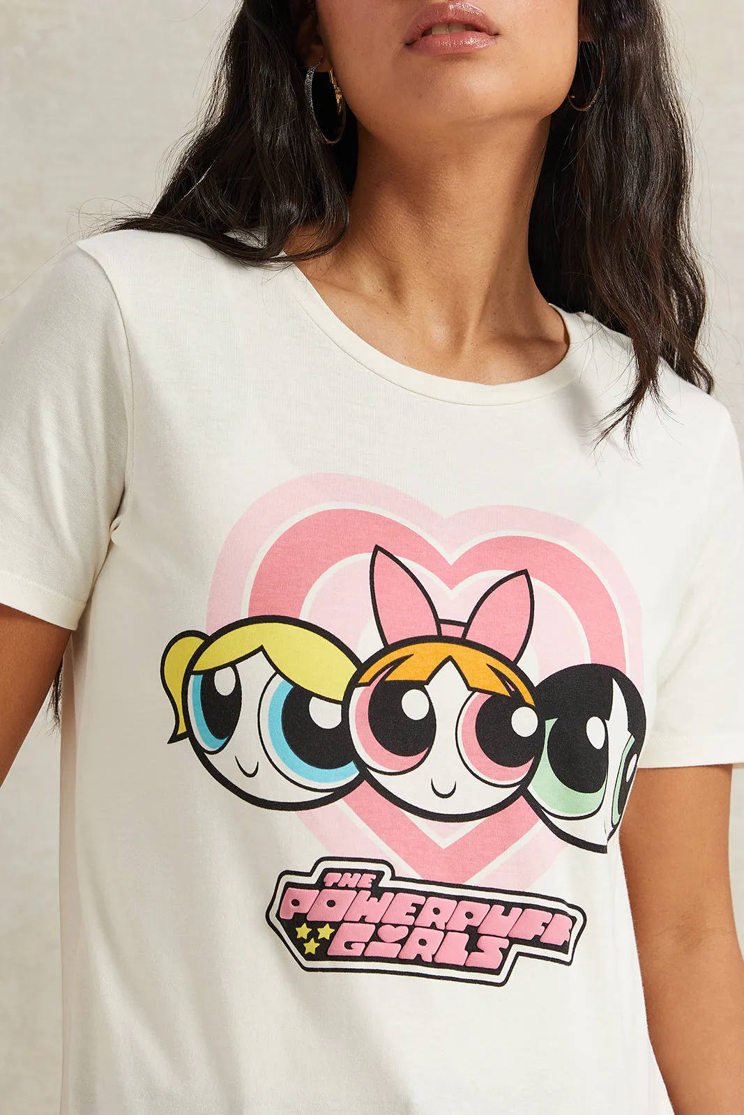 Women Ivory Powerpuff Girls Printed T-Shirt