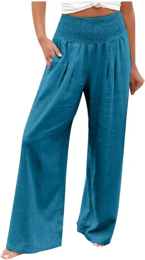 Women Linen Palazzo Pants Elastic High Waisted Flowy Casual Loose Trousers Wide Leg Vacation Beach Summer Pants