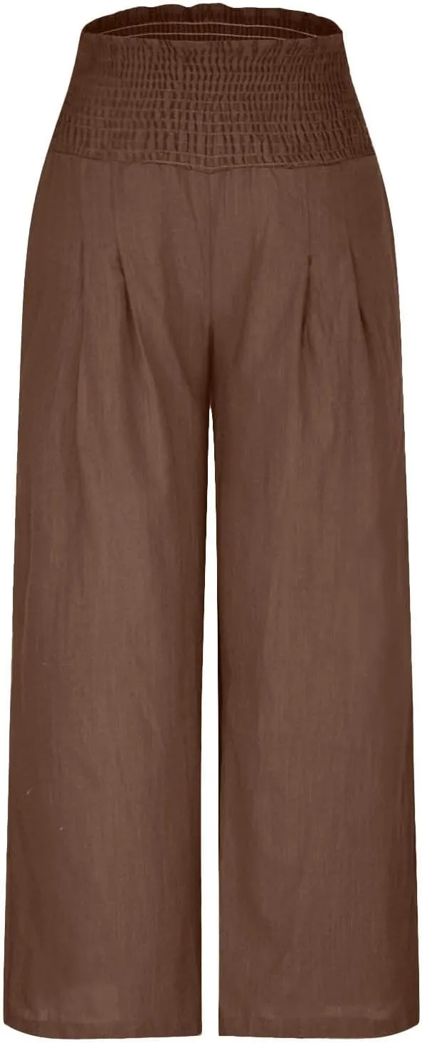Women Linen Palazzo Pants Elastic High Waisted Flowy Casual Loose Trousers Wide Leg Vacation Beach Summer Pants