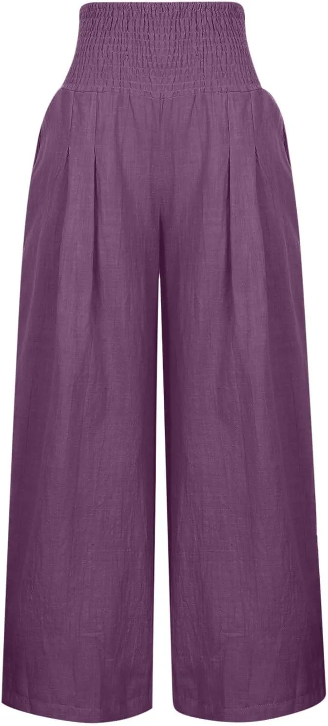 Women Linen Palazzo Pants Elastic High Waisted Flowy Casual Loose Trousers Wide Leg Vacation Beach Summer Pants