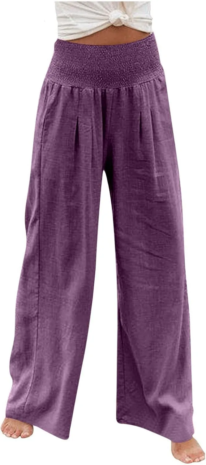 Women Linen Palazzo Pants Elastic High Waisted Flowy Casual Loose Trousers Wide Leg Vacation Beach Summer Pants