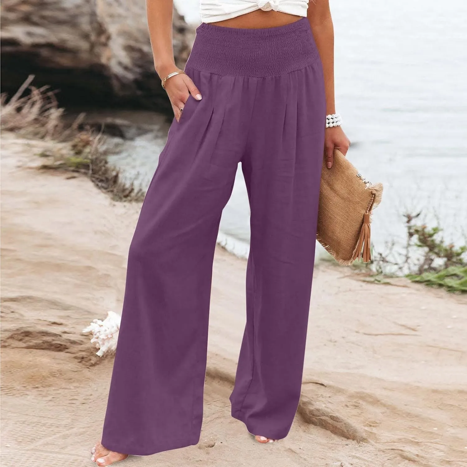 Women Linen Palazzo Pants Elastic High Waisted Flowy Casual Loose Trousers Wide Leg Vacation Beach Summer Pants