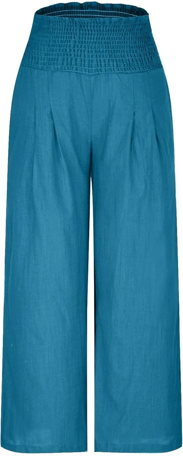 Women Linen Palazzo Pants Elastic High Waisted Flowy Casual Loose Trousers Wide Leg Vacation Beach Summer Pants