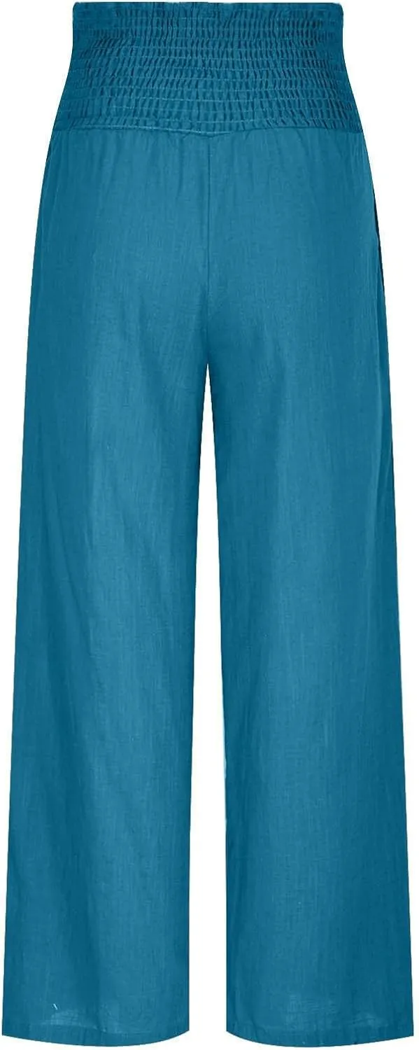 Women Linen Palazzo Pants Elastic High Waisted Flowy Casual Loose Trousers Wide Leg Vacation Beach Summer Pants