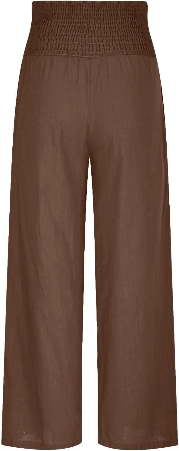 Women Linen Palazzo Pants Elastic High Waisted Flowy Casual Loose Trousers Wide Leg Vacation Beach Summer Pants