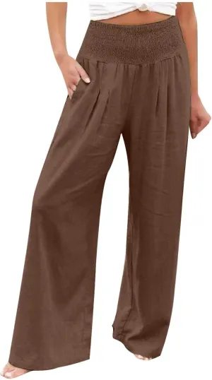 Women Linen Palazzo Pants Elastic High Waisted Flowy Casual Loose Trousers Wide Leg Vacation Beach Summer Pants