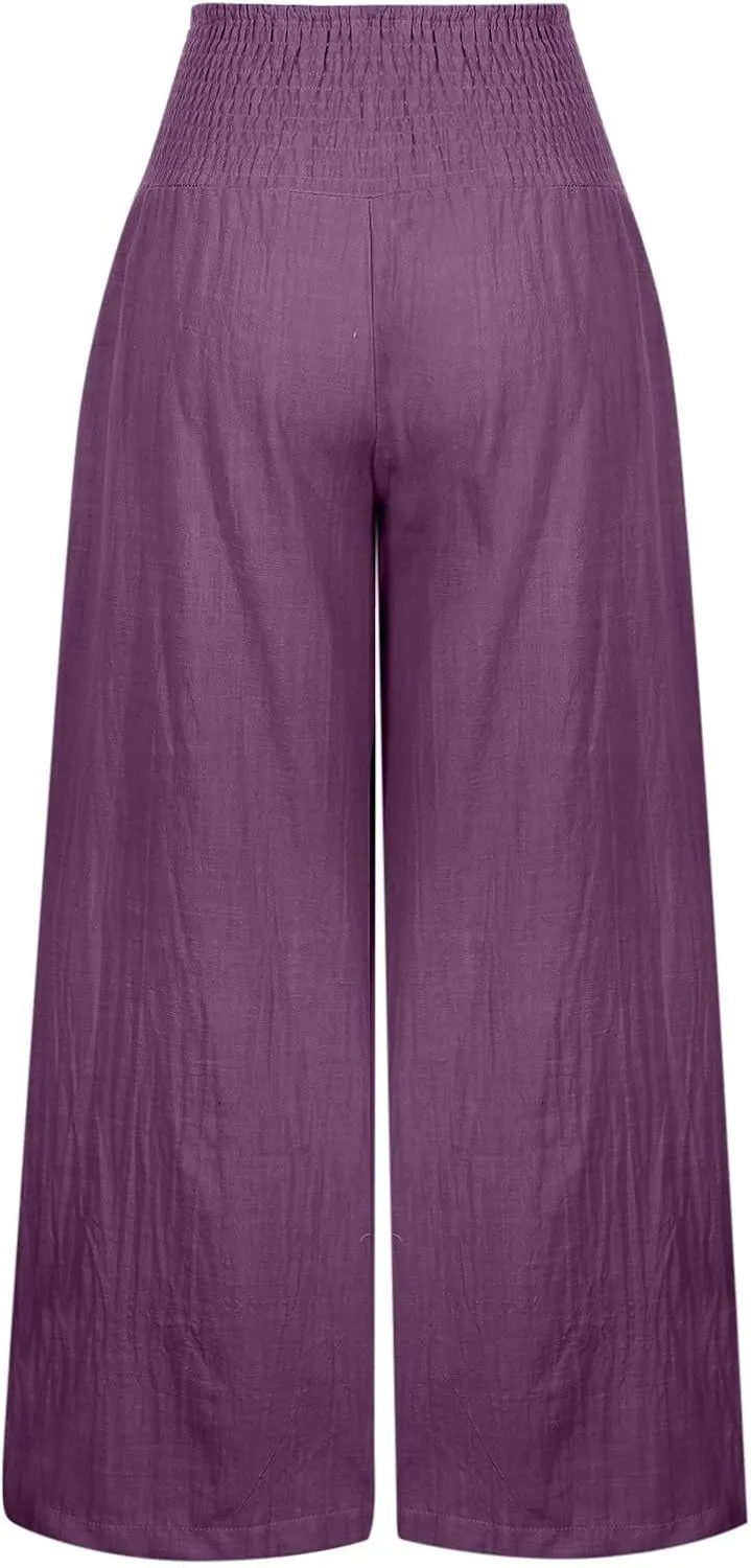 Women Linen Palazzo Pants Elastic High Waisted Flowy Casual Loose Trousers Wide Leg Vacation Beach Summer Pants