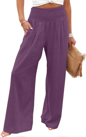 Women Linen Palazzo Pants Elastic High Waisted Flowy Casual Loose Trousers Wide Leg Vacation Beach Summer Pants