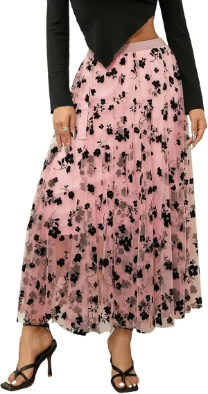 Women Long Tulle Skirt Elastic High Waist Floral Print Layered Mesh Skirts Fashion Party Club A Line Midi Skirt