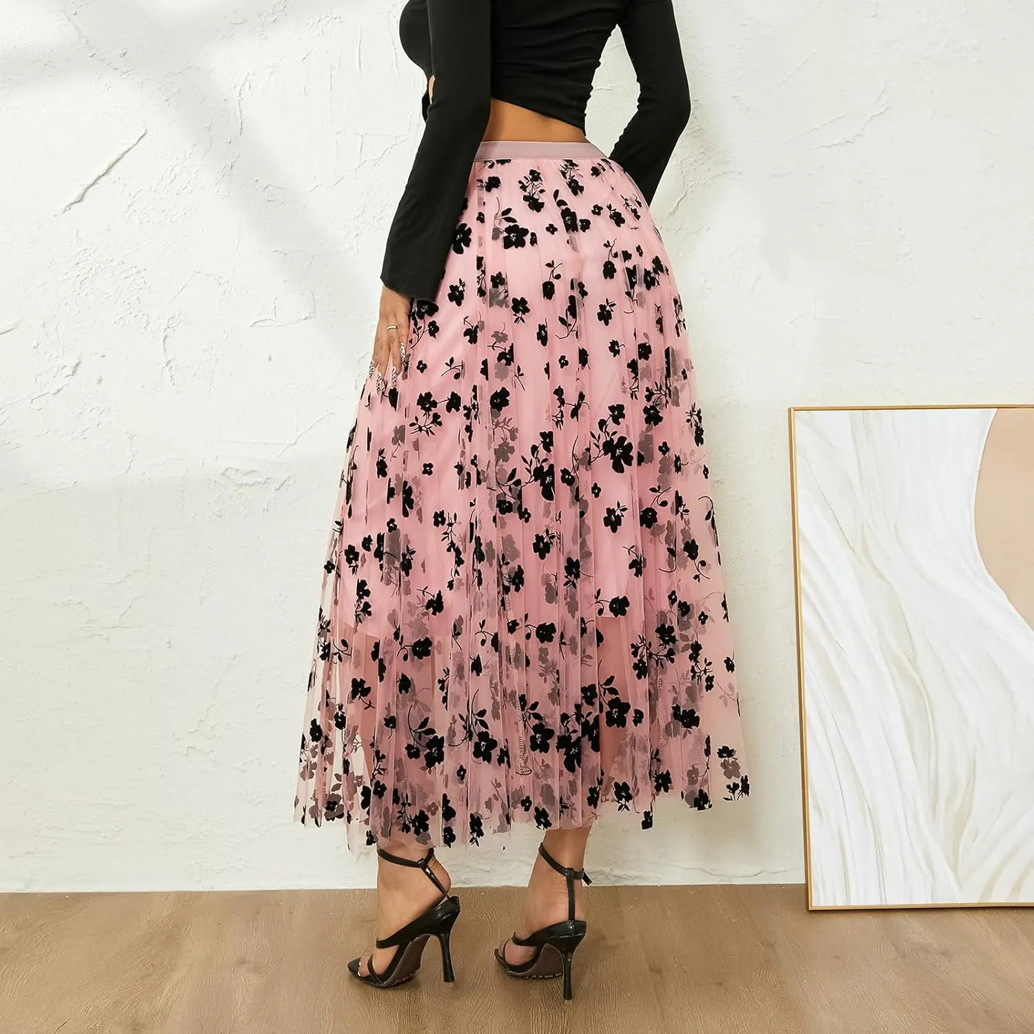 Women Long Tulle Skirt Elastic High Waist Floral Print Layered Mesh Skirts Fashion Party Club A Line Midi Skirt