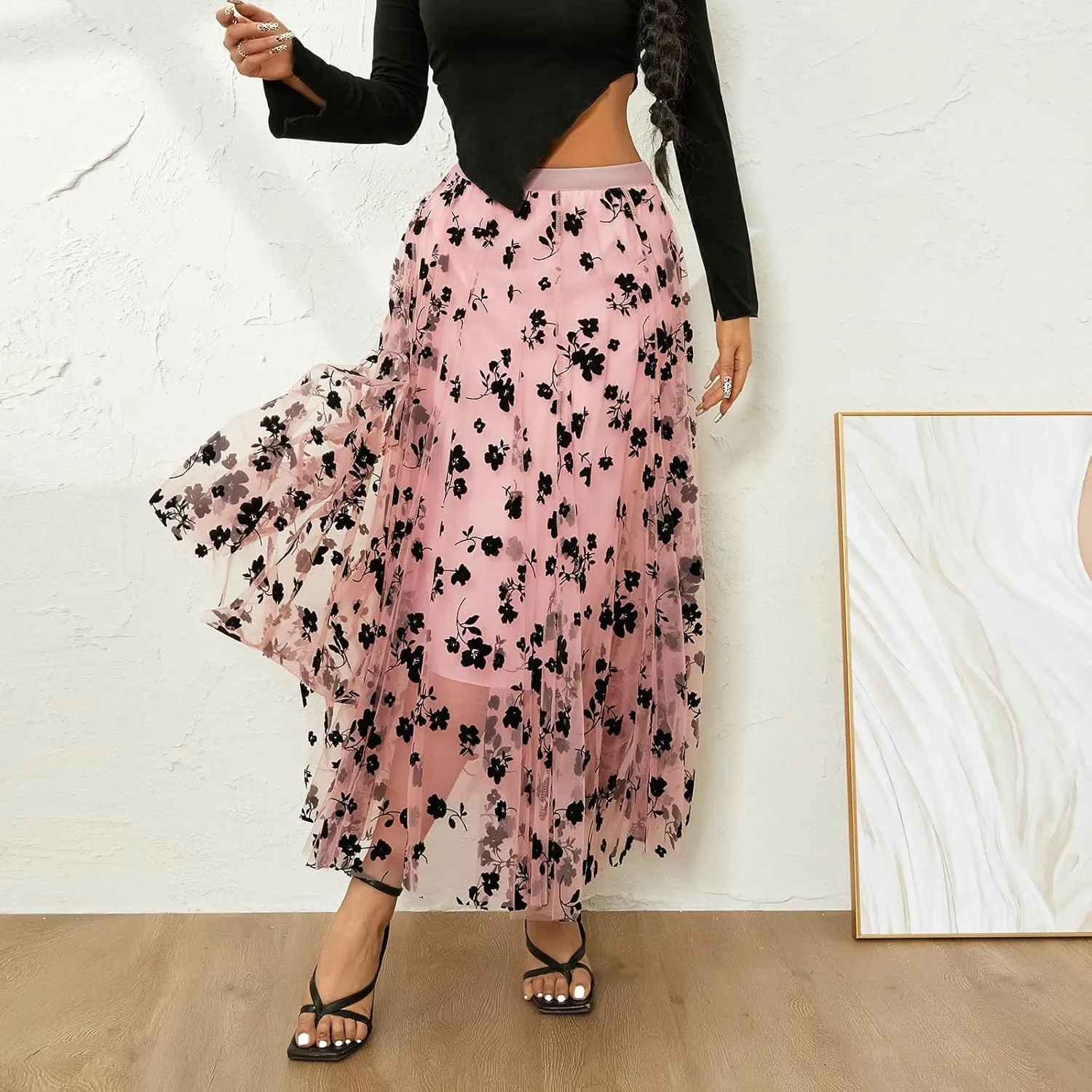 Women Long Tulle Skirt Elastic High Waist Floral Print Layered Mesh Skirts Fashion Party Club A Line Midi Skirt