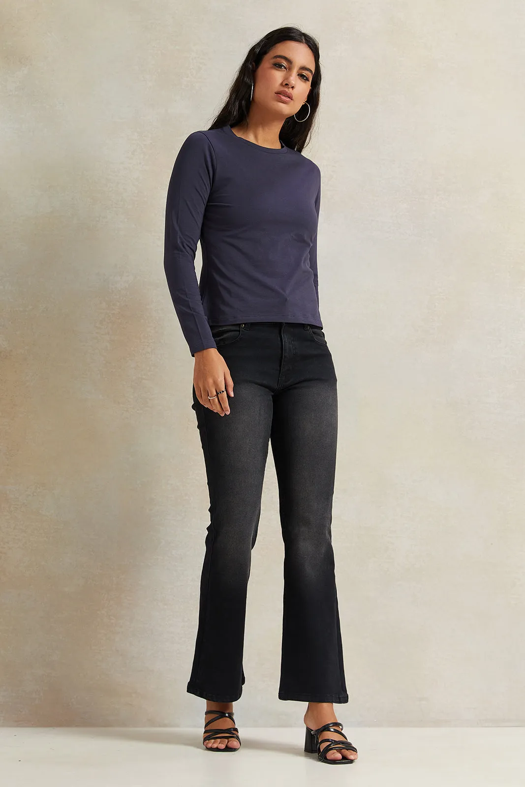 Women Navy Long Sleeve Basic T-Shirt