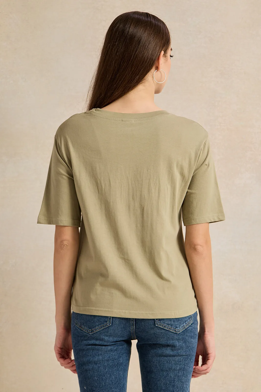 Women Olive Embroidered T-Shirt