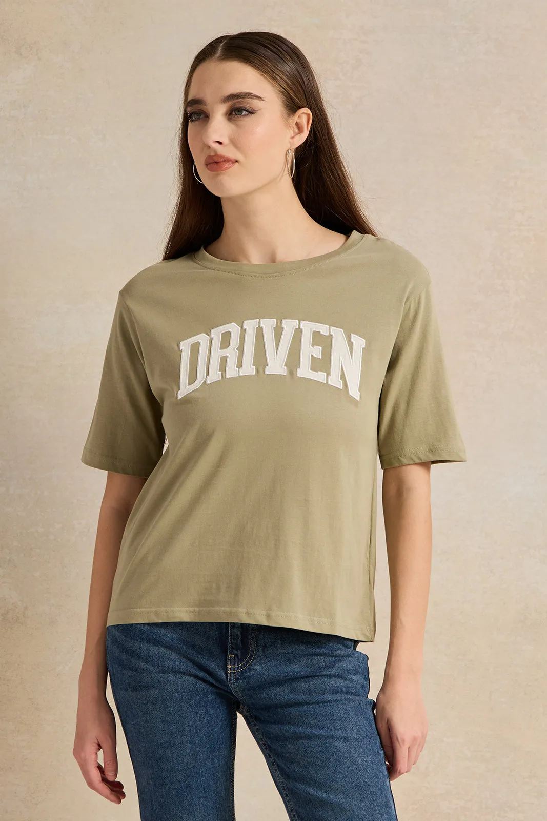 Women Olive Embroidered T-Shirt