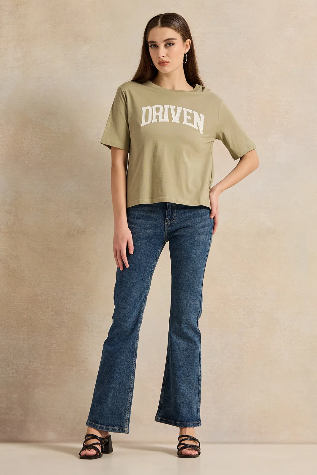 Women Olive Embroidered T-Shirt